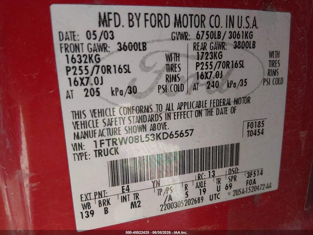1FTRW08L53KD65657 2003 FORD F-150 photo no. 9