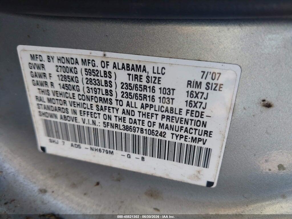 5FNRL38697B106242 2007 HONDA ODYSSEY photo no. 9