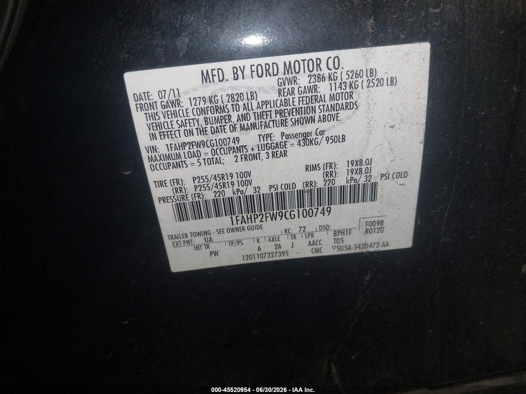 1FAHP2FW9CG100749 2012 FORD TAURUS photo no. 9