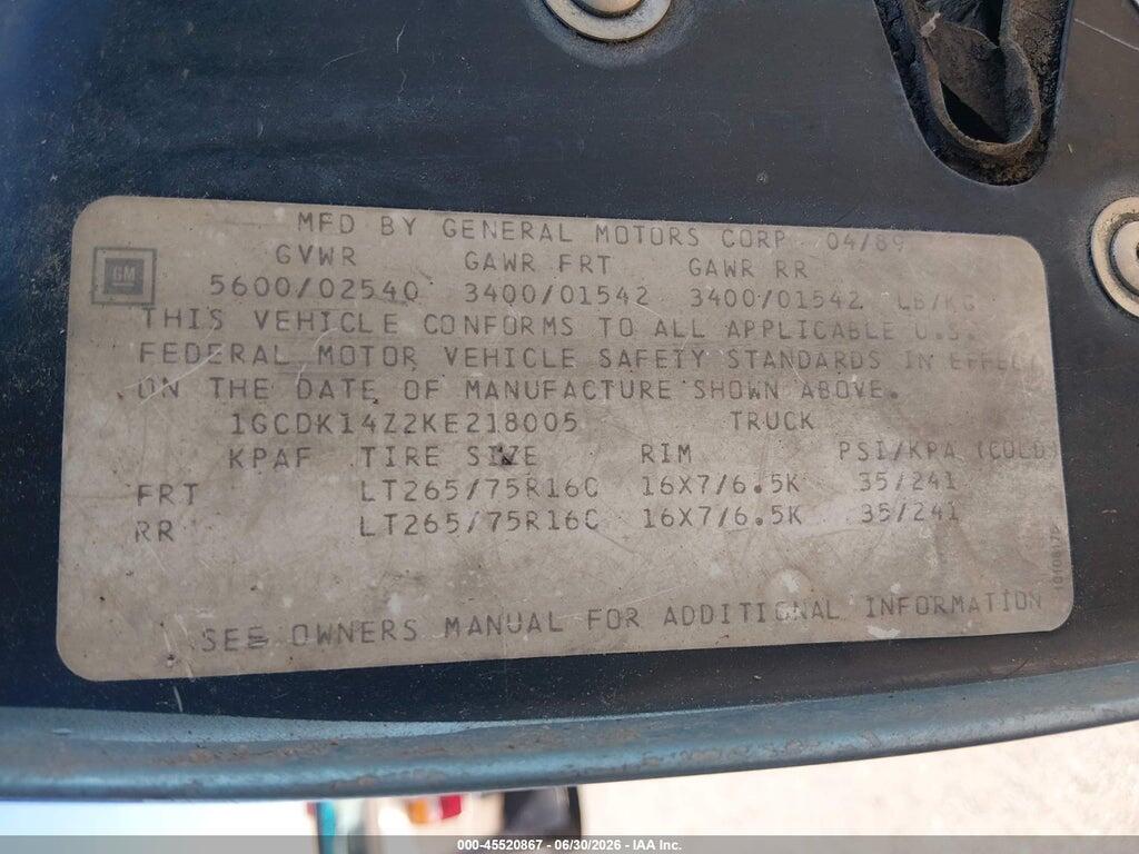 1GCDK14Z2KE218005 1989 CHEVROLET GMT-400 photo no. 9