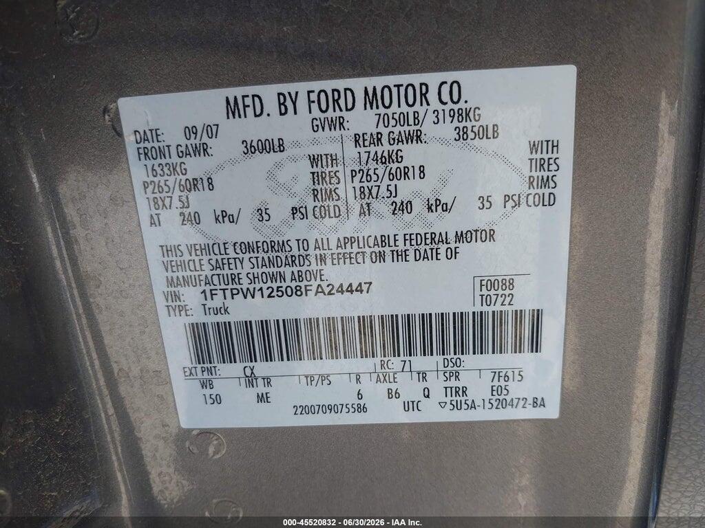 1FTPW12508FA24447 2008 FORD F-150 photo no. 9