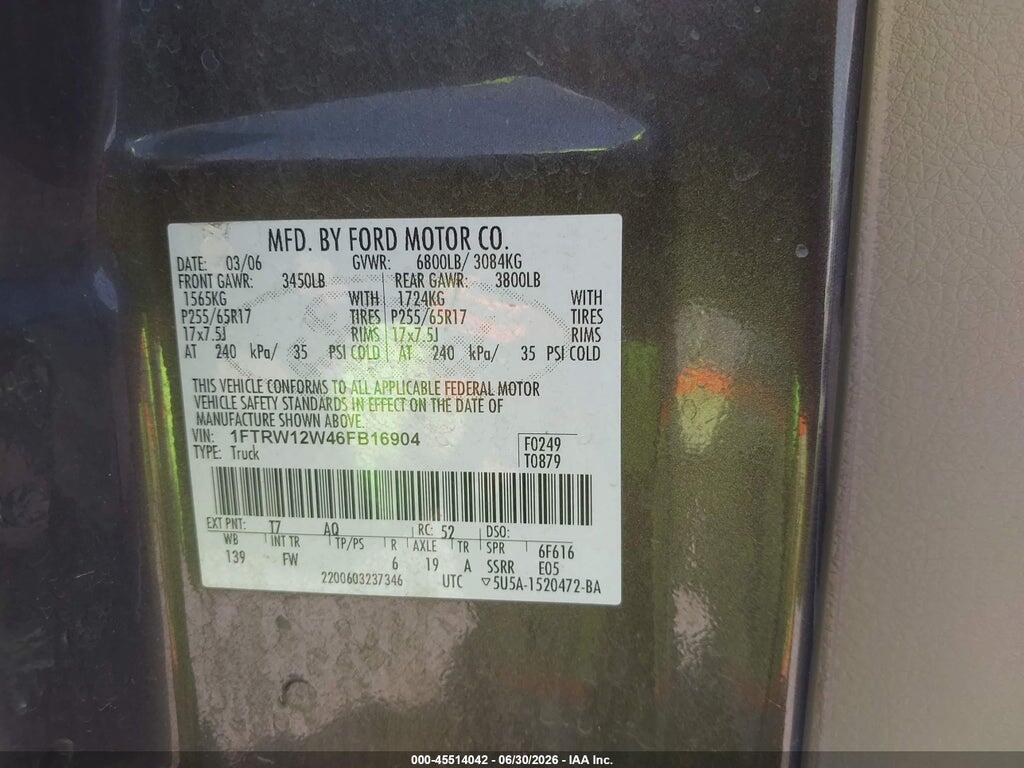 1FTRW12W46FB16904 2006 FORD F-150 photo no. 9