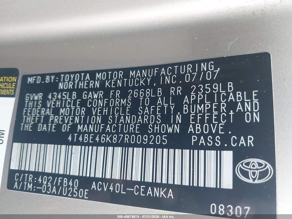 4T4BE46K87R009205 2007 TOYOTA CAMRY photo no. 9