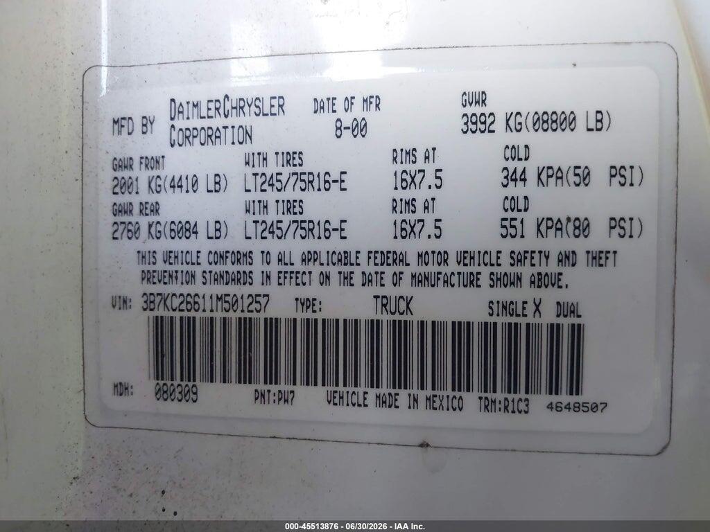 3B7KC26611M501257 2001 DODGE RAM 2500 photo no. 9