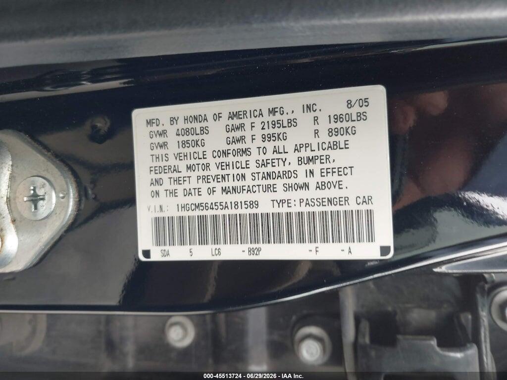 1HGCM56455A181589 2005 HONDA ACCORD photo no. 9