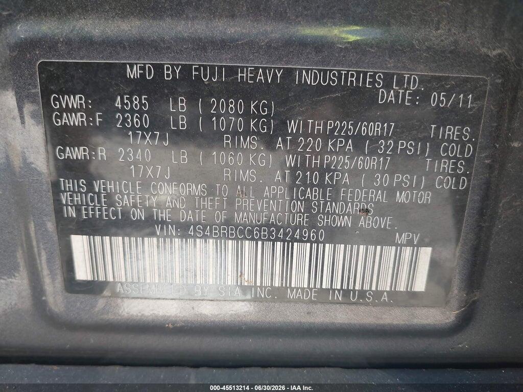 4S4BRBCC6B3424960 2011 SUBARU OUTBACK photo no. 9