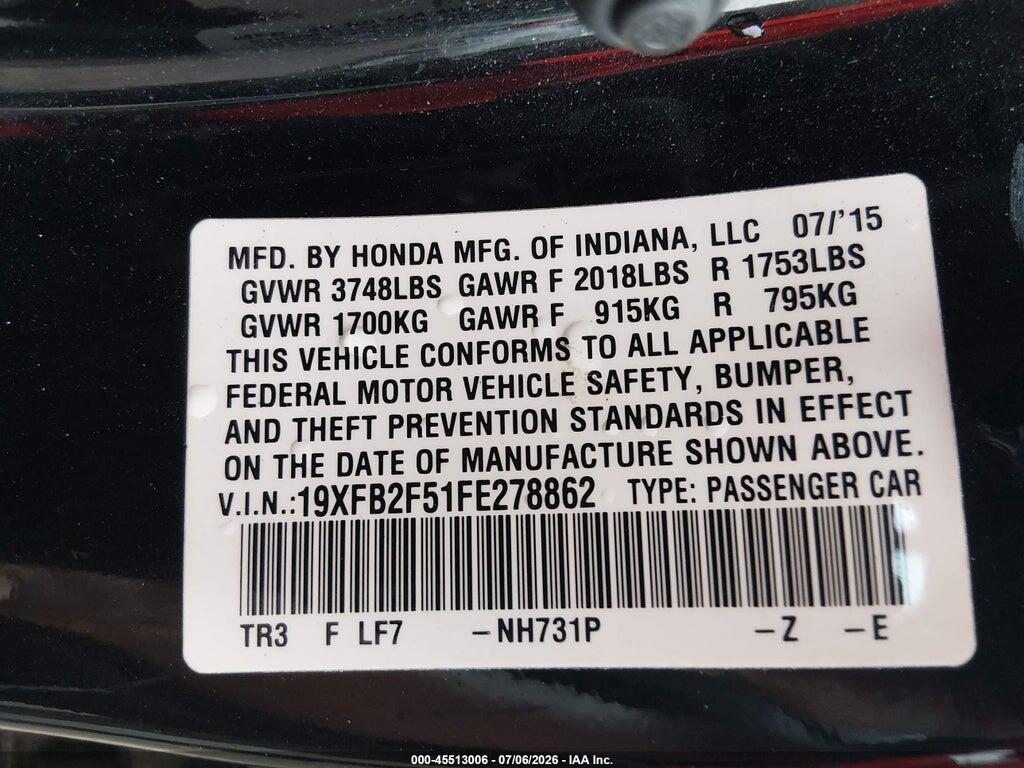 19XFB2F51FE278862 2015 HONDA CIVIC photo no. 9