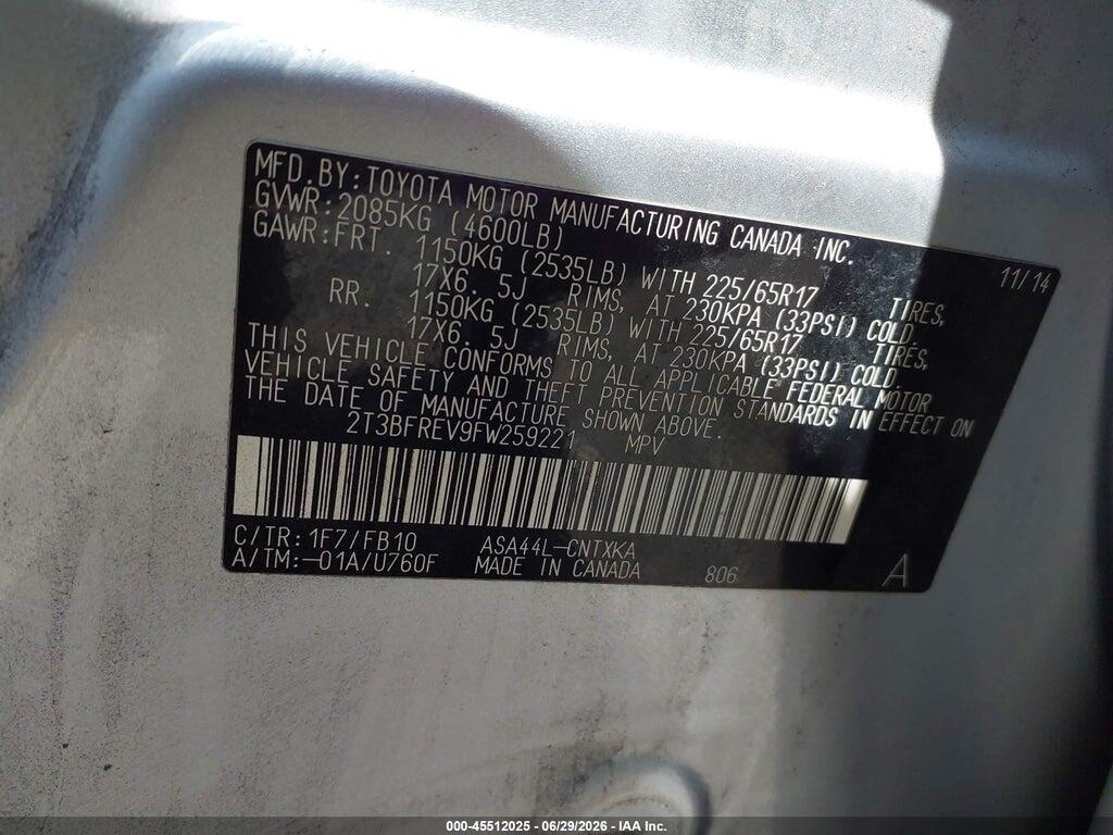 2T3BFREV9FW259221 2015 TOYOTA RAV4 photo no. 9