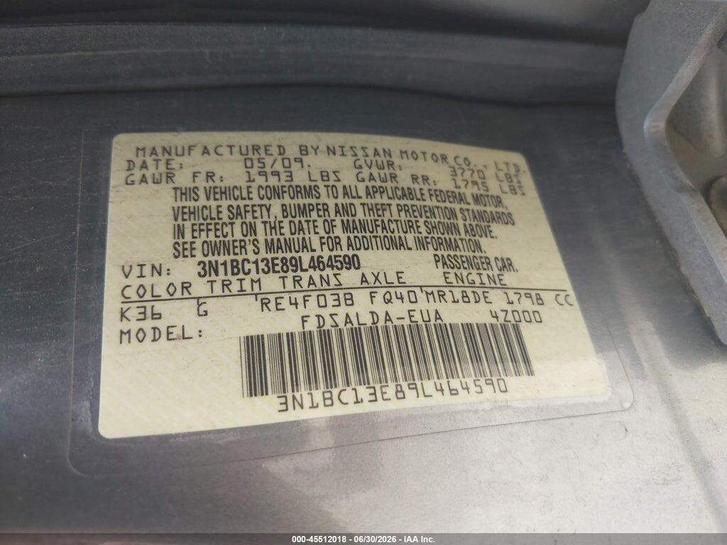 3N1BC13E89L464590 2009 NISSAN VERSA photo no. 9