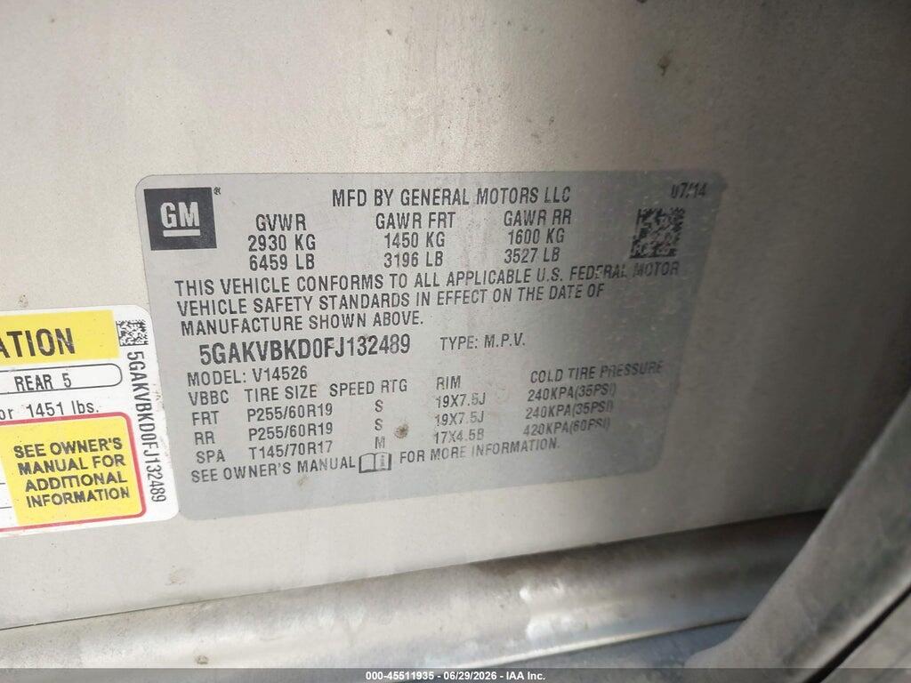 5GAKVBKD0FJ132489 2015 BUICK ENCLAVE photo no. 9