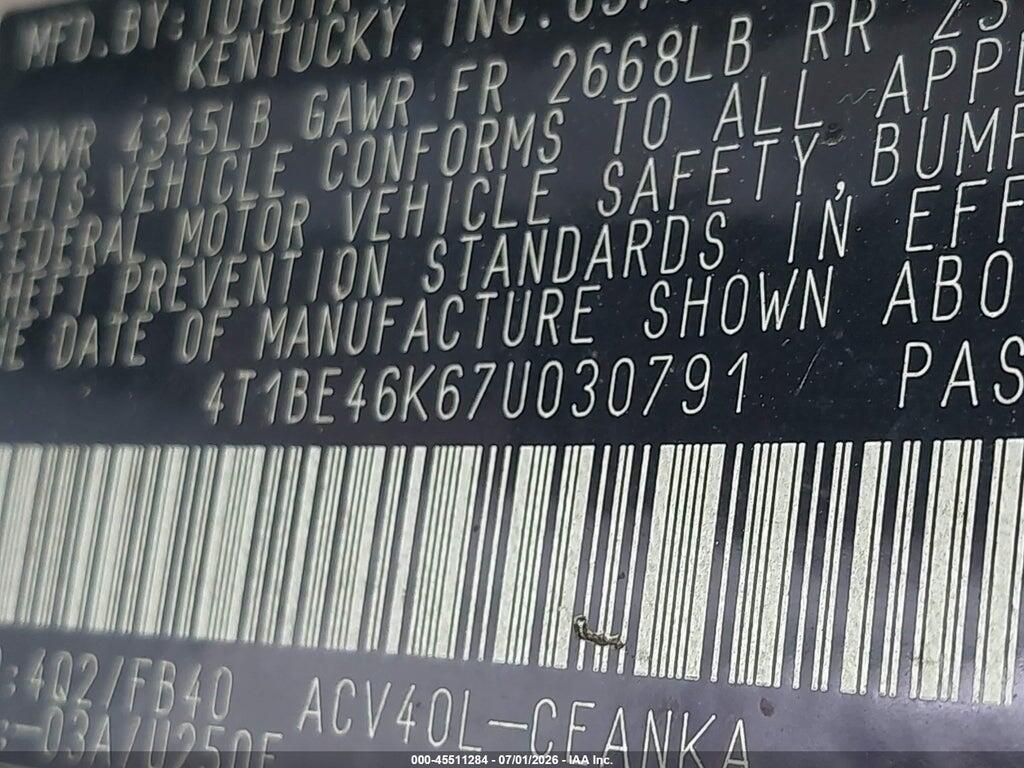 4T1BE46K67U030791 2007 TOYOTA CAMRY photo no. 9