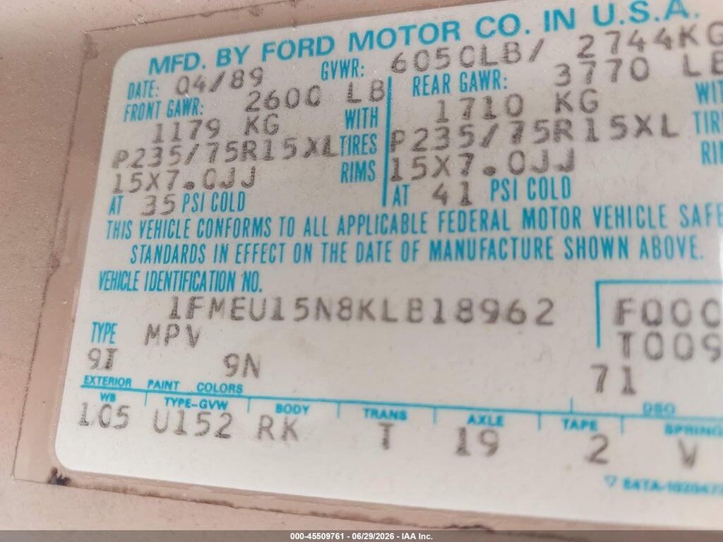 1FMEU15N8KLB18962 1989 FORD BRONCO photo no. 9