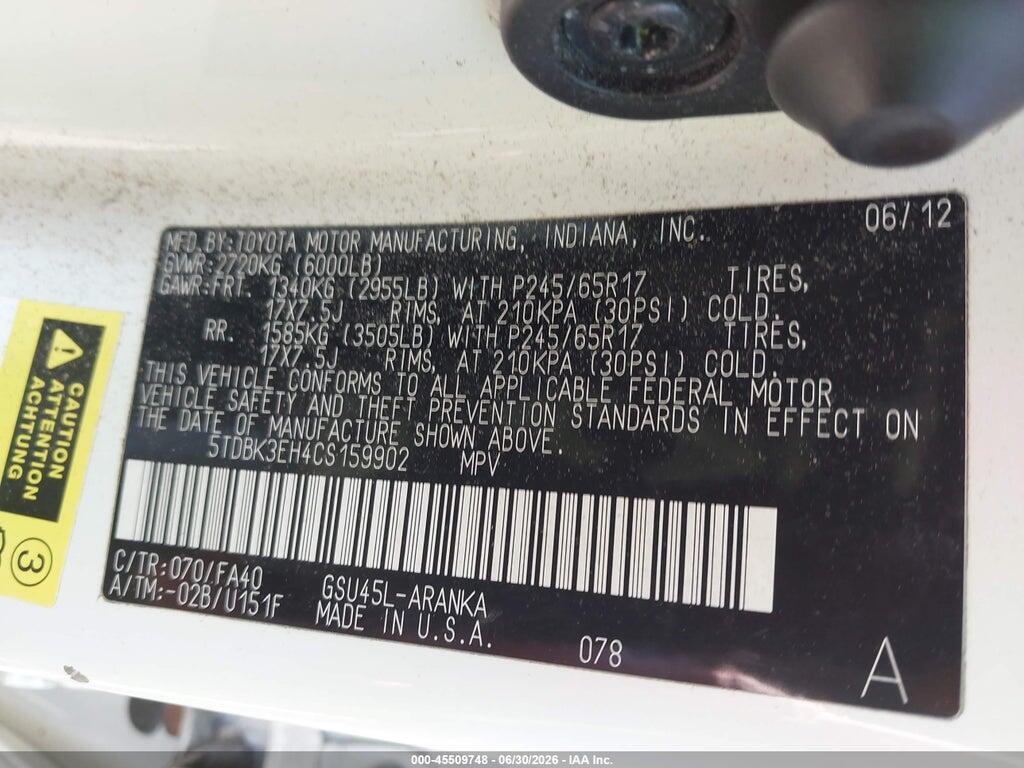 5TDBK3EH4CS159902 2012 TOYOTA HIGHLANDER photo no. 9