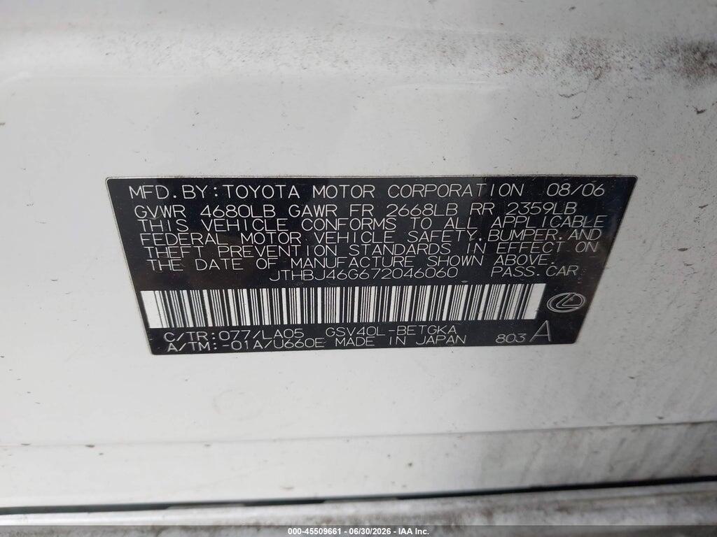 JTHBJ46G672046060 2007 LEXUS ES 350 photo no. 9