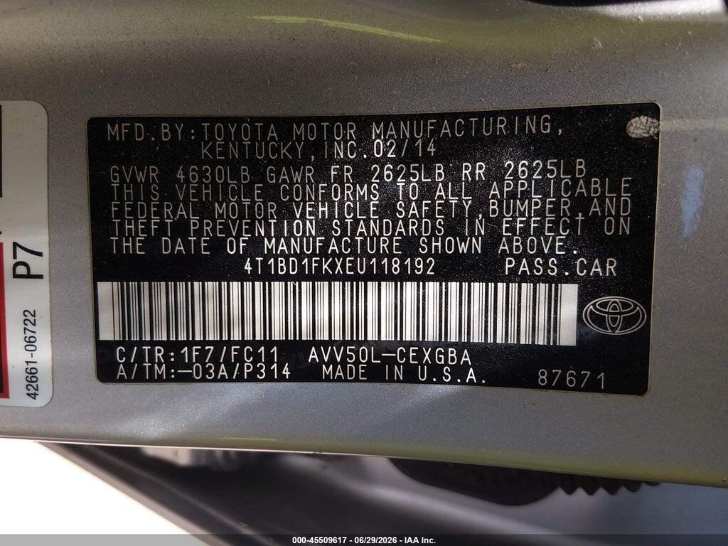 4T1BD1FKXEU118192 2014 TOYOTA CAMRY HYBRID photo no. 9