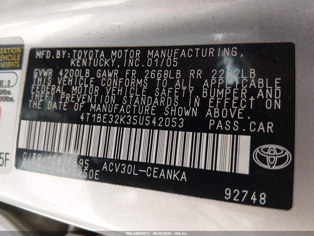 4T1BE32K35U542053 2005 TOYOTA CAMRY photo no. 9