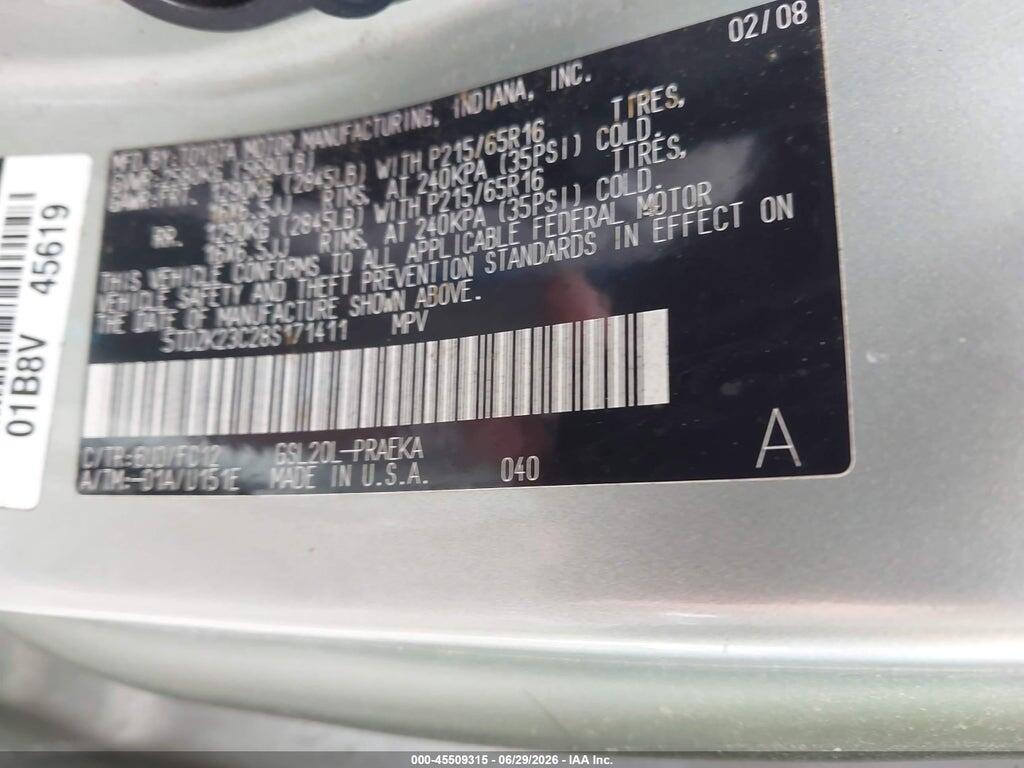 5TDZK23C28S171411 2008 TOYOTA SIENNA photo no. 9
