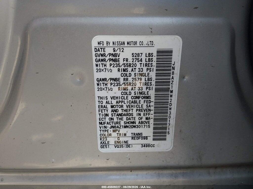 JN8AZ1MW2DW301715 2013 NISSAN MURANO photo no. 9