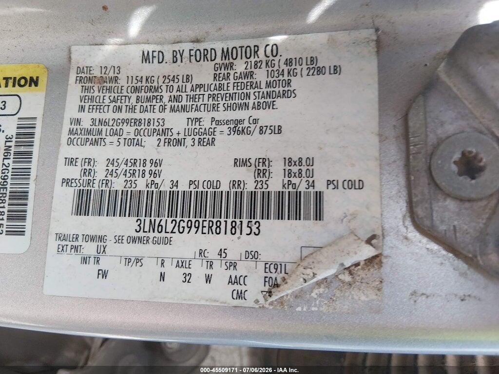 3LN6L2G99ER818153 2014 LINCOLN MKZ photo no. 9