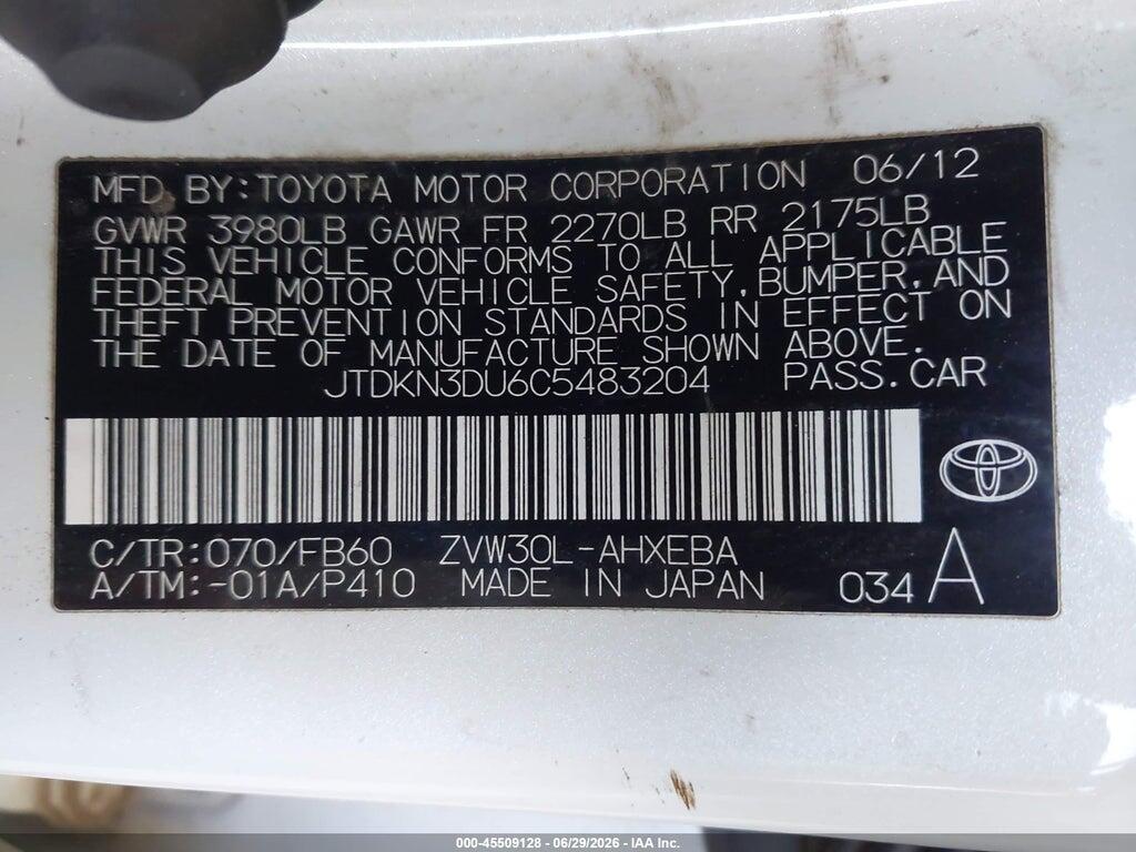 JTDKN3DU6C5483204 2012 TOYOTA PRIUS photo no. 9