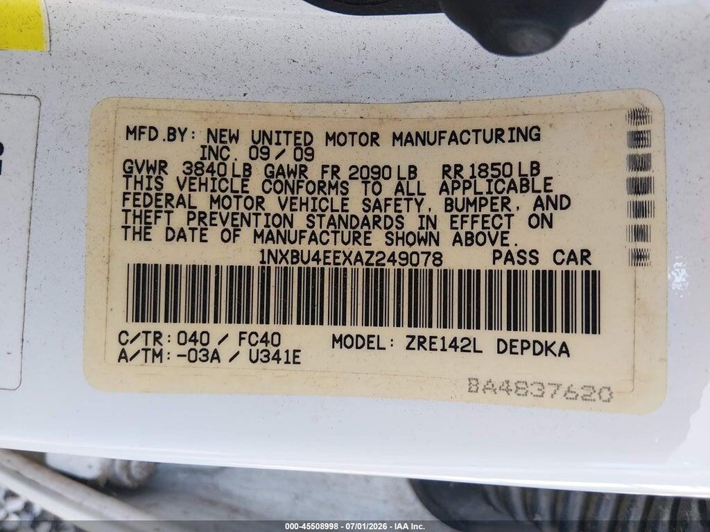 1NXBU4EEXAZ249078 2010 TOYOTA COROLLA photo no. 9