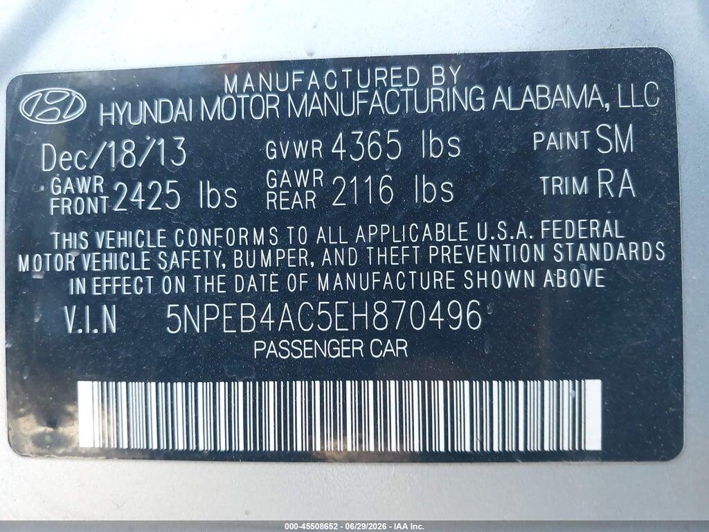 5NPEB4AC5EH870496 2014 HYUNDAI SONATA photo no. 9