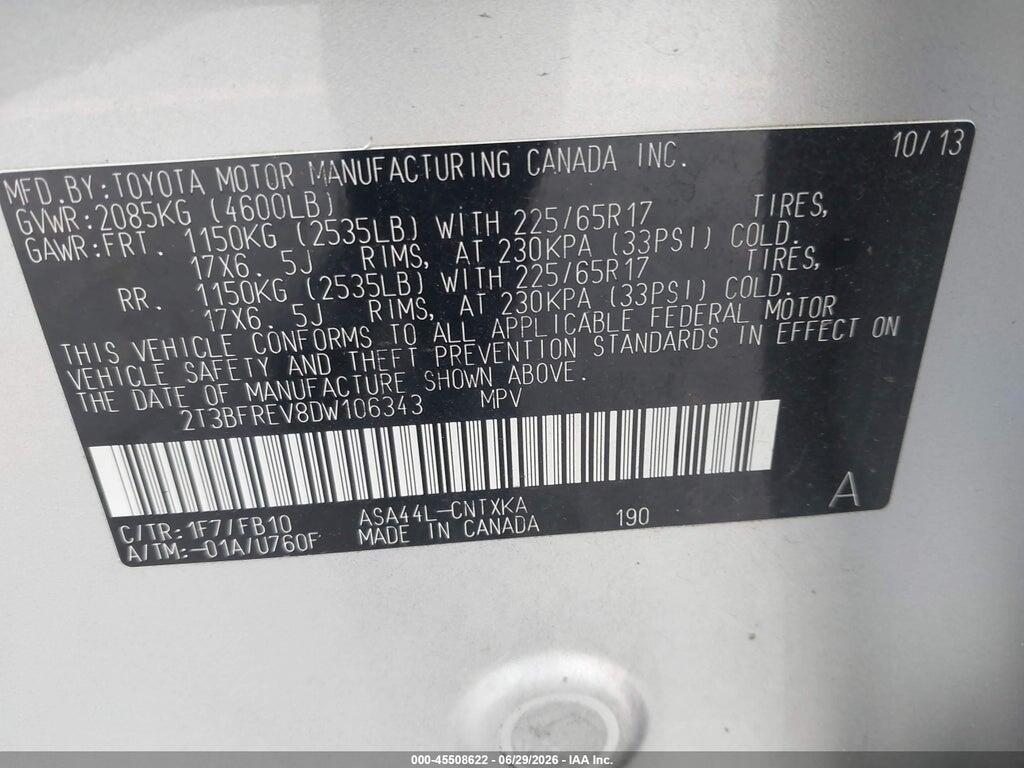2T3BFREV8DW106343 2013 TOYOTA RAV4 photo no. 9