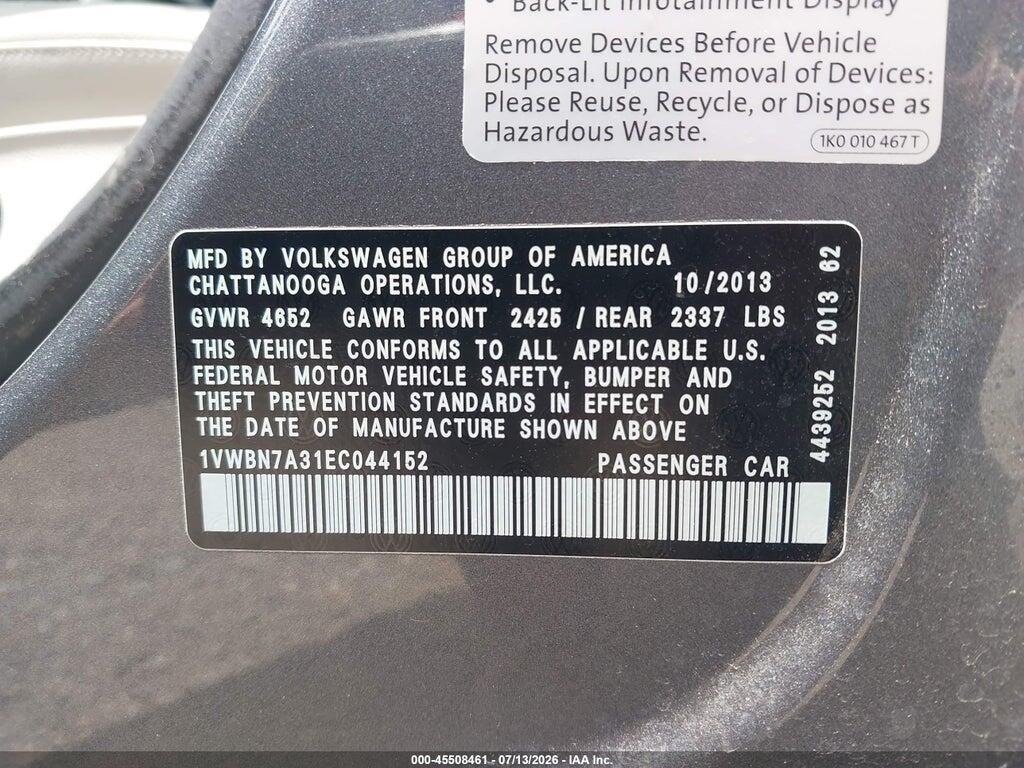 1VWBN7A31EC044152 2014 VOLKSWAGEN PASSAT photo no. 9
