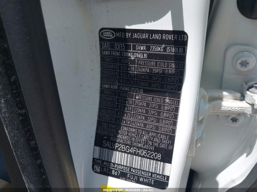 SALVP2BG4FH052208 2015 LAND ROVER RANGE ROVER EVOQUE photo no. 9