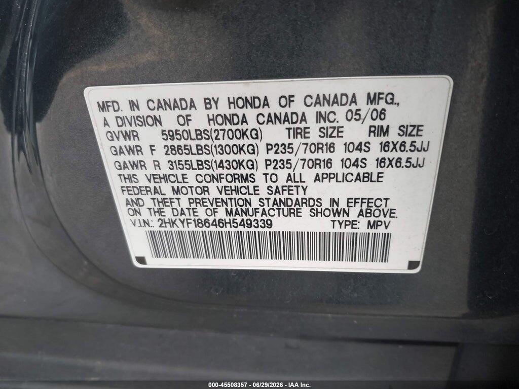 2HKYF18646H549339 2006 HONDA PILOT photo no. 9