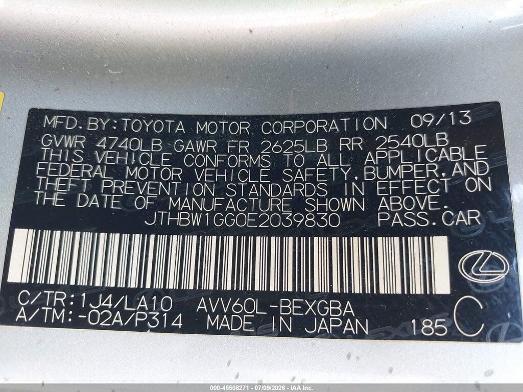 JTHBW1GG0E2039830 2014 LEXUS ES 300H photo no. 9