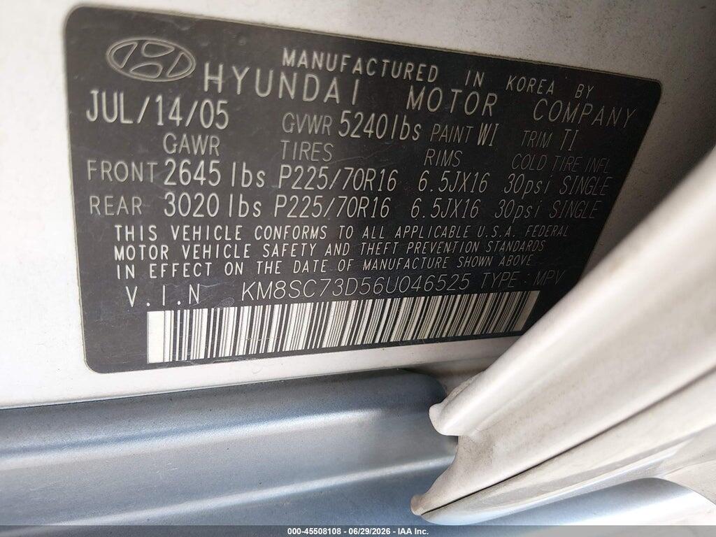 KM8SC73D56U046525 2006 HYUNDAI SANTA FE photo no. 9