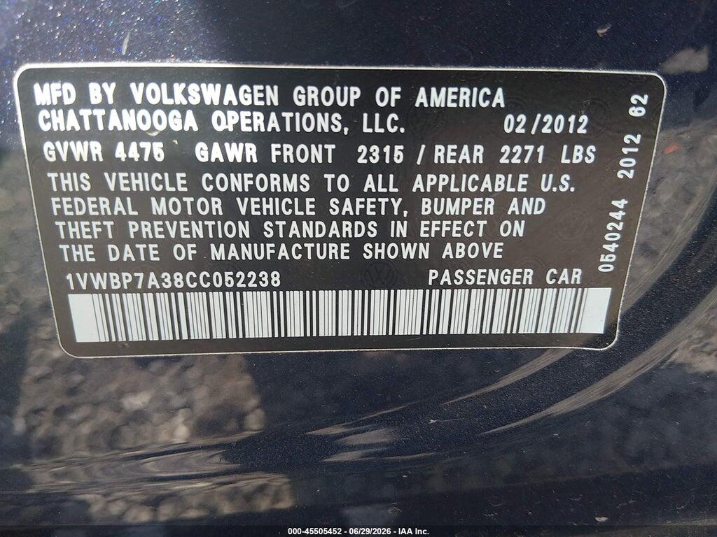 1VWBP7A38CC052238 2012 VOLKSWAGEN PASSAT photo no. 9