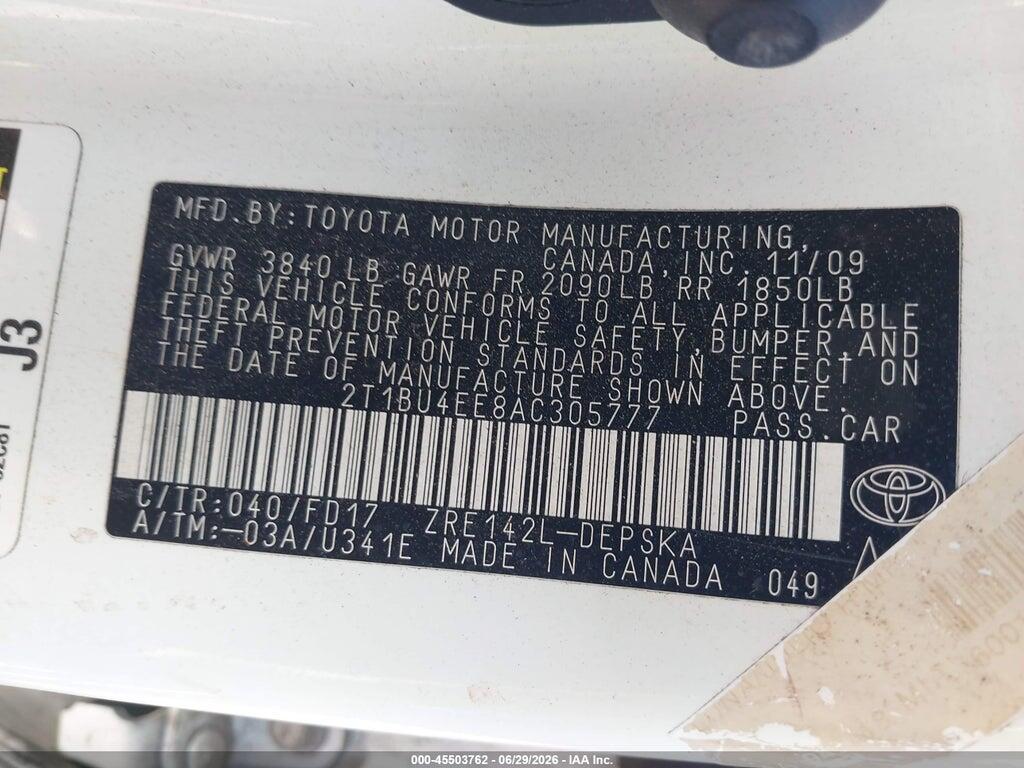 2T1BU4EE8AC305777 2010 TOYOTA COROLLA photo no. 9