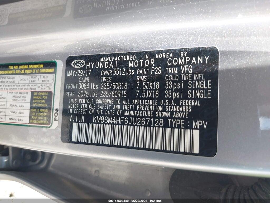 KM8SM4HF6JU267128 2018 HYUNDAI SANTA FE photo no. 9