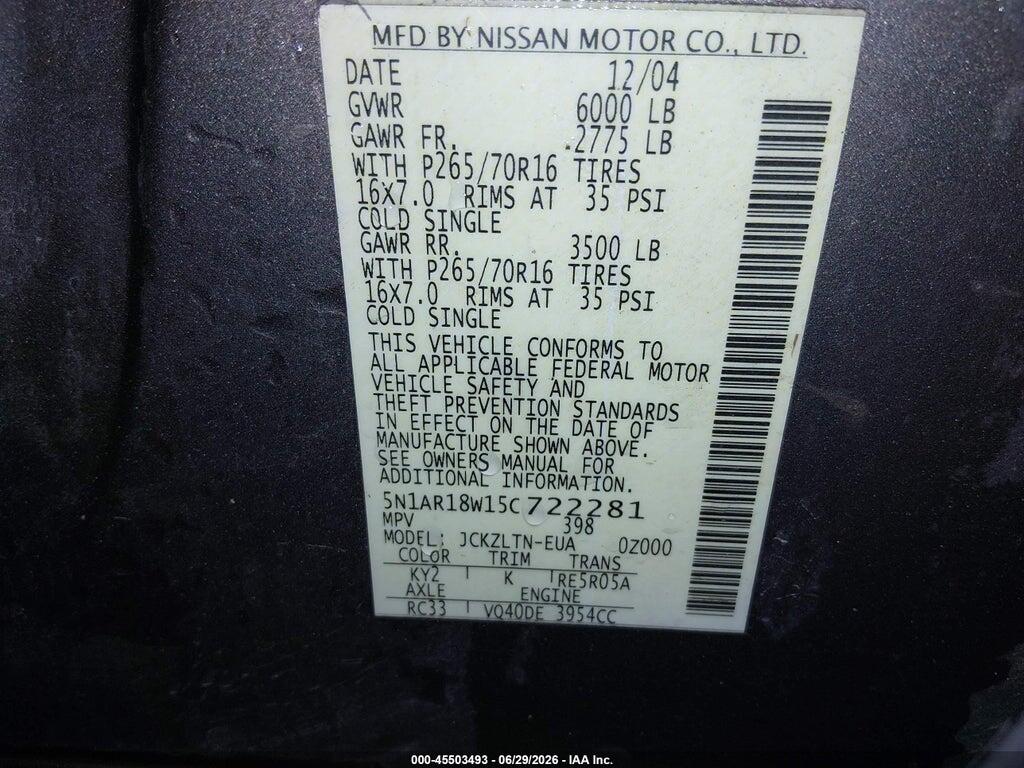 5N1AR18W15C722281 2005 NISSAN PATHFINDER photo no. 9