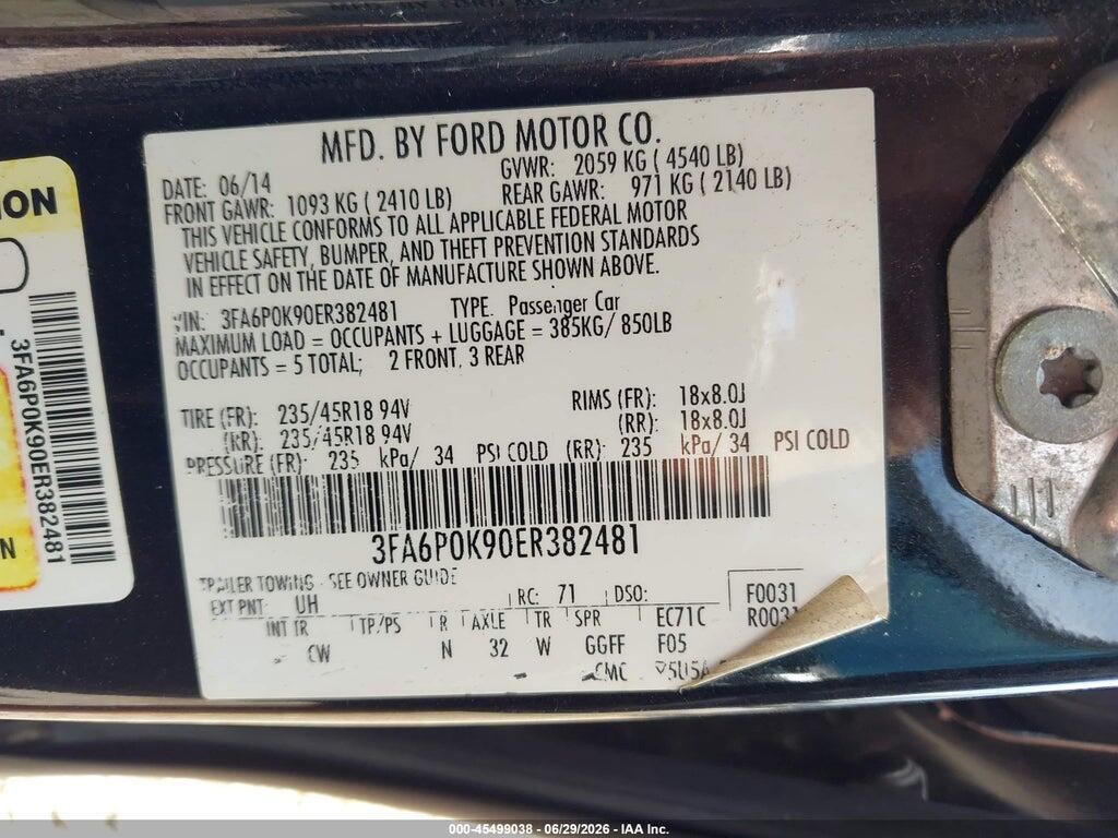 3FA6P0K90ER382481 2014 FORD FUSION photo no. 9