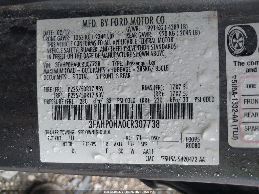 3FAHP0HA0CR307738 2012 FORD FUSION photo no. 9