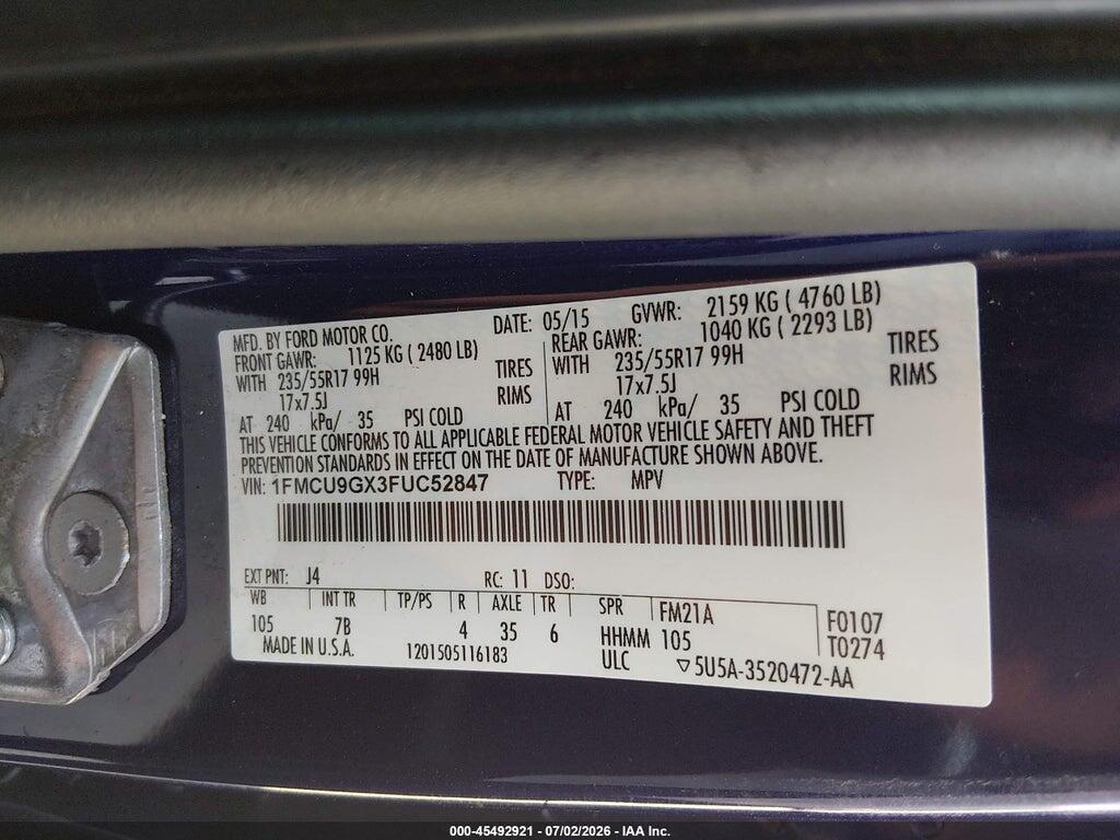 1FMCU9GX3FUC52847 2015 FORD ESCAPE photo no. 9