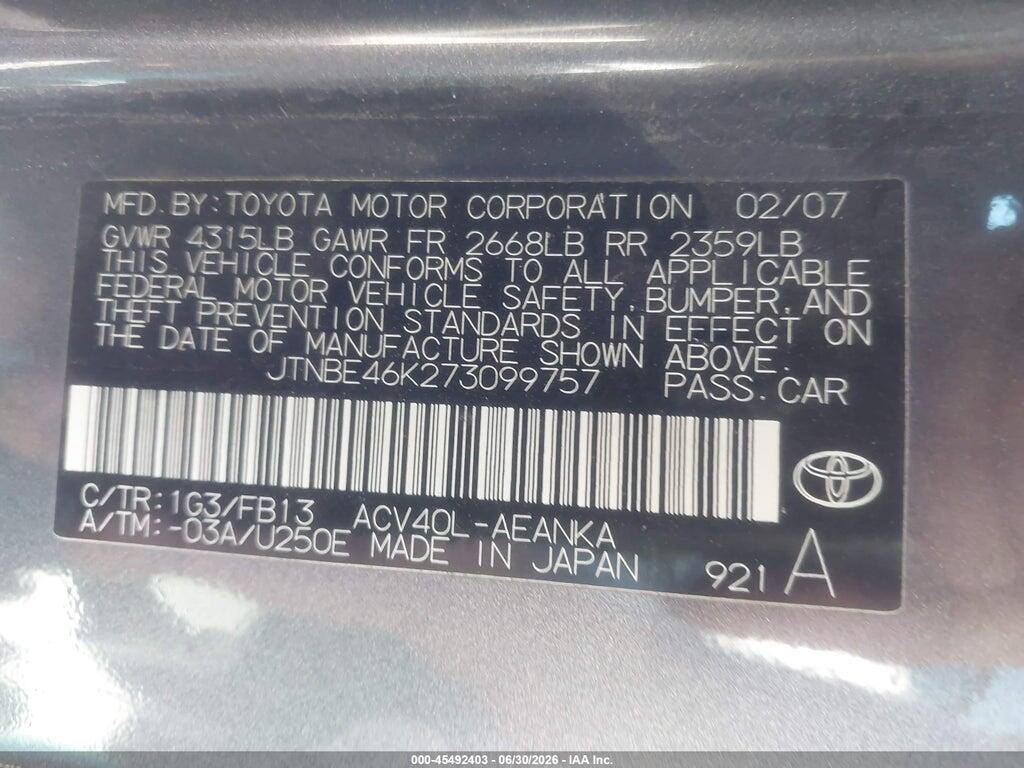 JTNBE46K273099757 2007 TOYOTA CAMRY photo no. 9