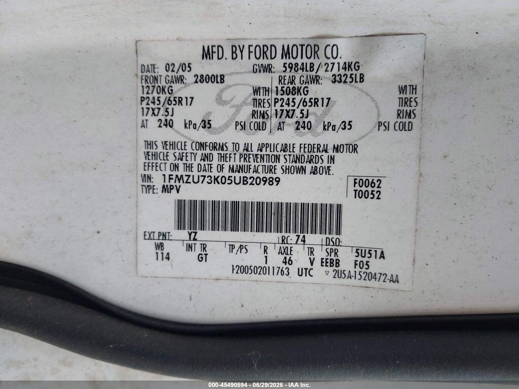 1FMZU73K05UB20989 2005 FORD EXPLORER photo no. 9