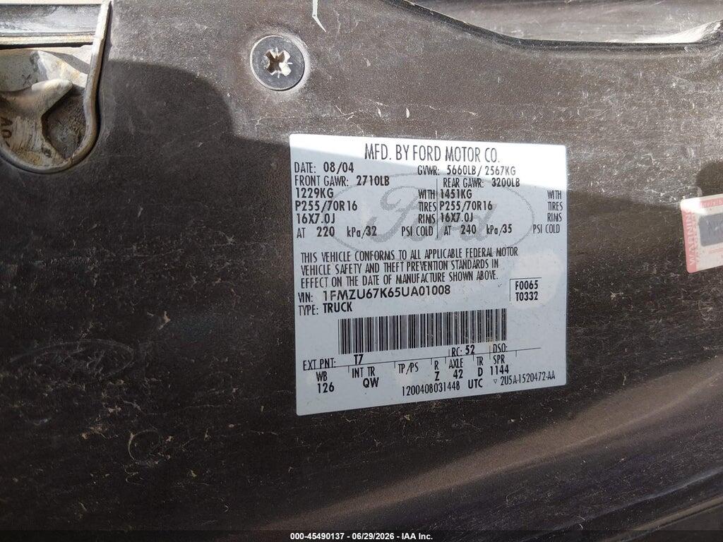 1FMZU67K65UA01008 2005 FORD EXPLORER SPORT TRAC photo no. 9