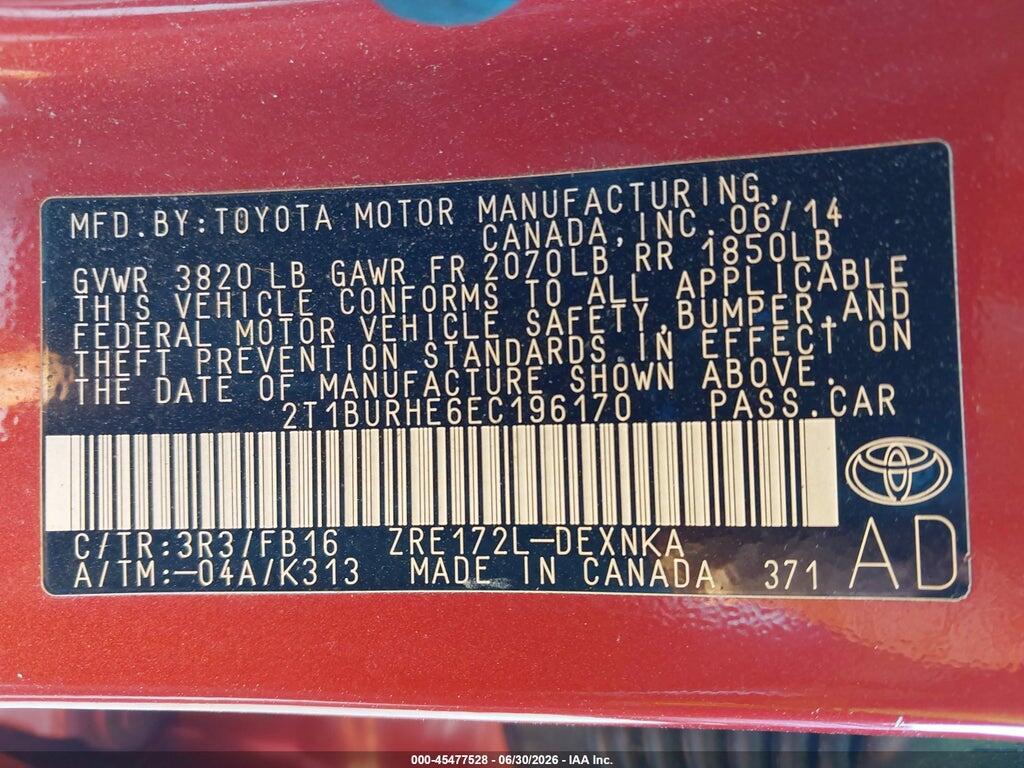 2T1BURHE6EC196170 2014 TOYOTA COROLLA photo no. 9