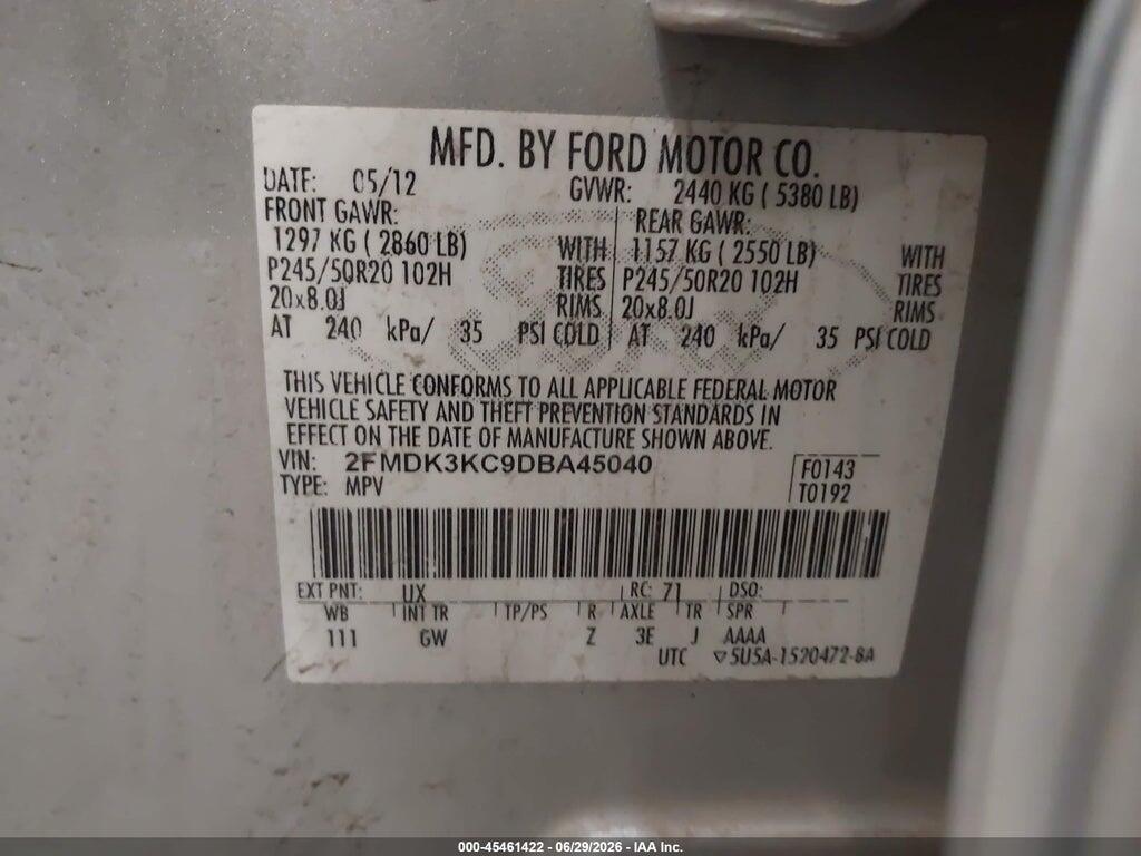 2FMDK3KC9DBA45040 2013 FORD EDGE photo no. 9