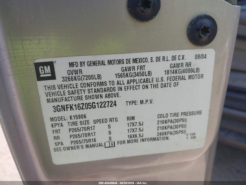 3GNFK16Z05G122724 2005 CHEVROLET SUBURBAN 1500 photo no. 9