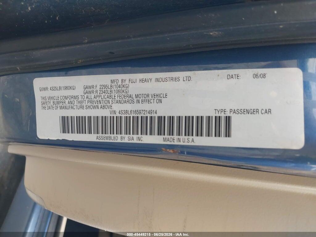 4S3BL616597214914 2009 SUBARU LEGACY photo no. 9