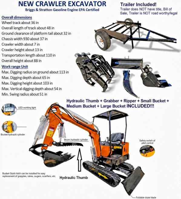 2026 1 TON CANOPY + HYDRAULIC THUMB + TRAILER + GRABBER + RIPPER + 200MM BUCKET + LARGE BUCKET — Фото 10 из 10