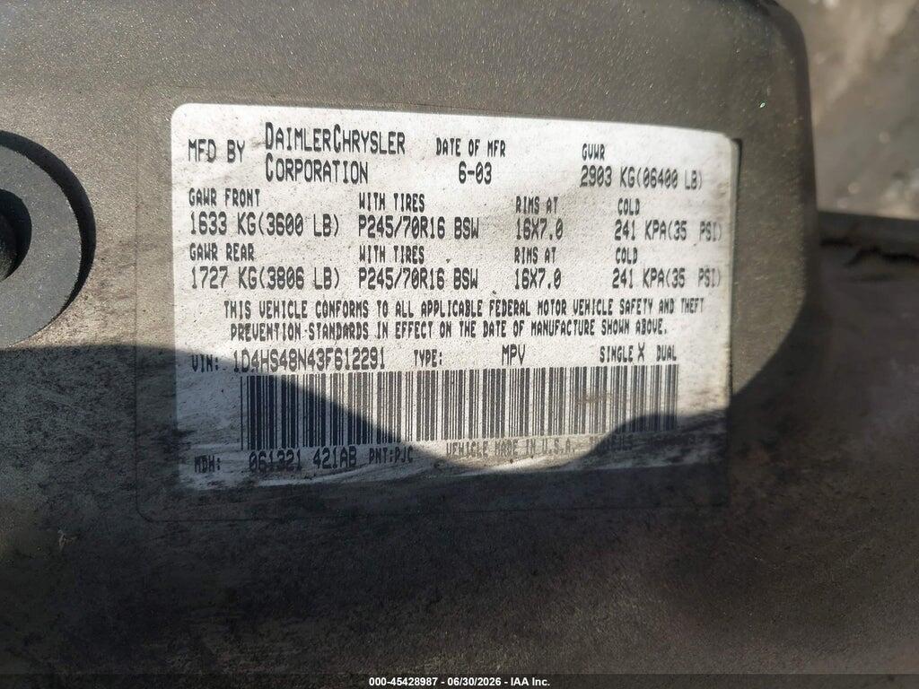 1D4HS48N43F612291 2003 DODGE DURANGO photo no. 9