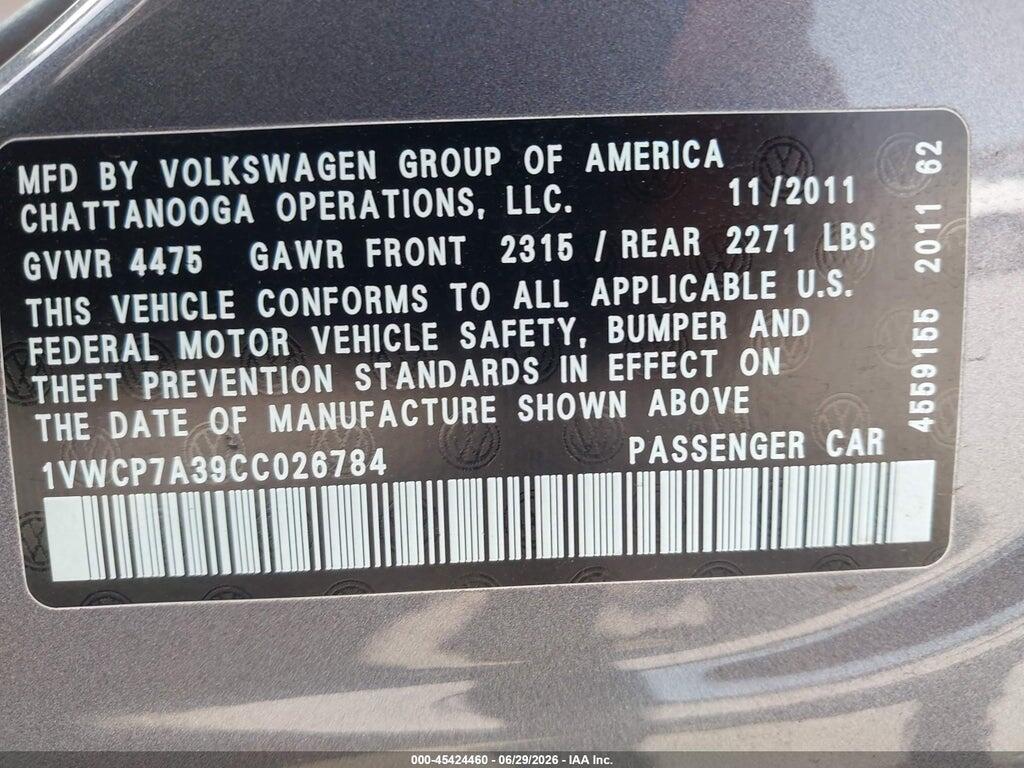 1VWCP7A39CC026784 2012 VOLKSWAGEN PASSAT photo no. 9