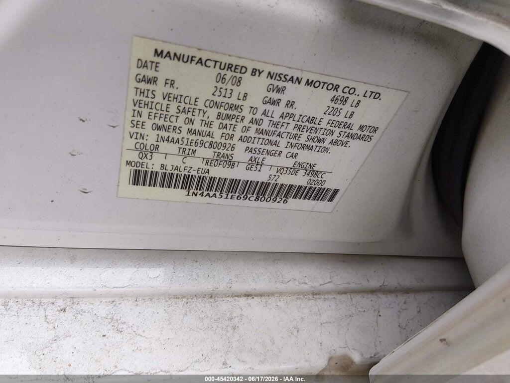1N4AA51E69C800926 2009 NISSAN MAXIMA photo no. 9